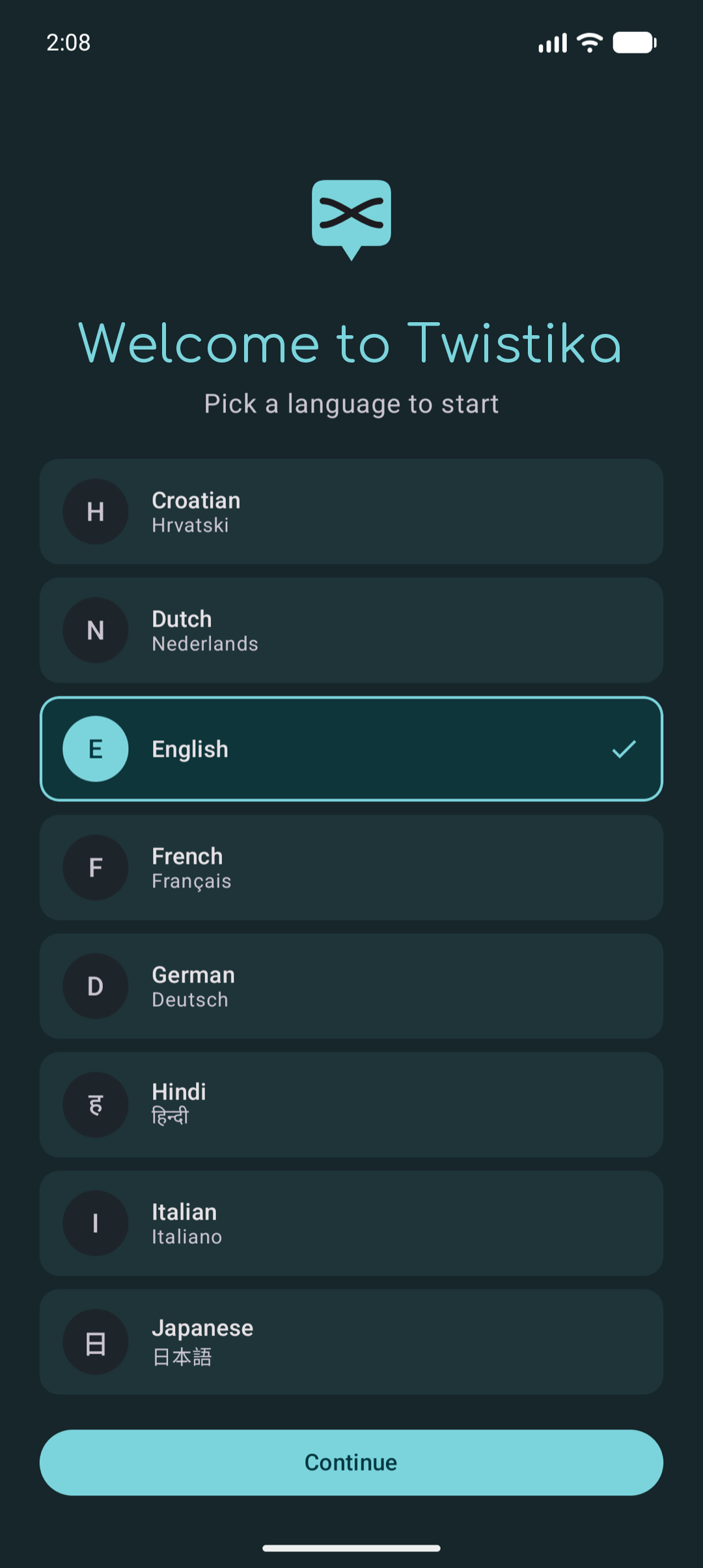 Onboarding language picker with 14 languages
