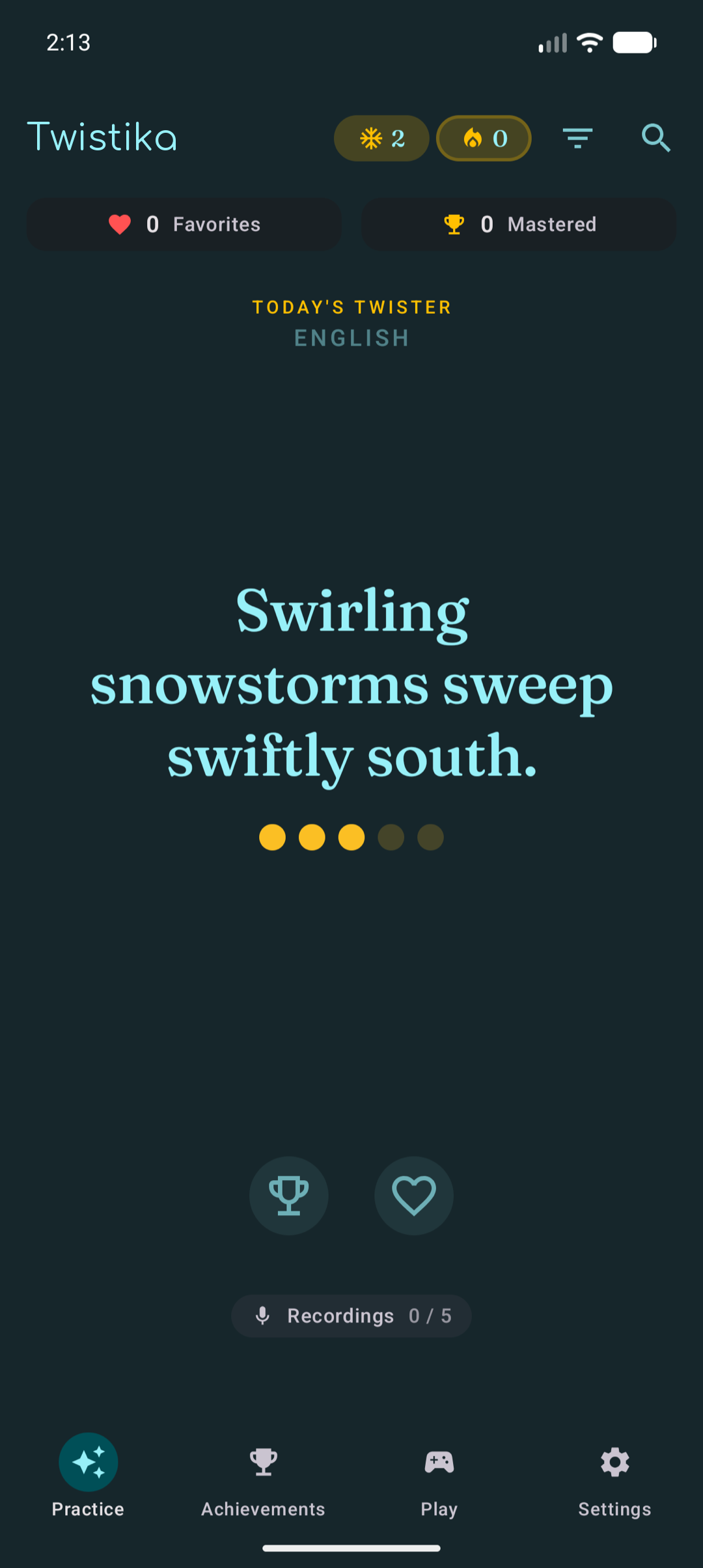 Twistika Practice screen showing today's tongue twister